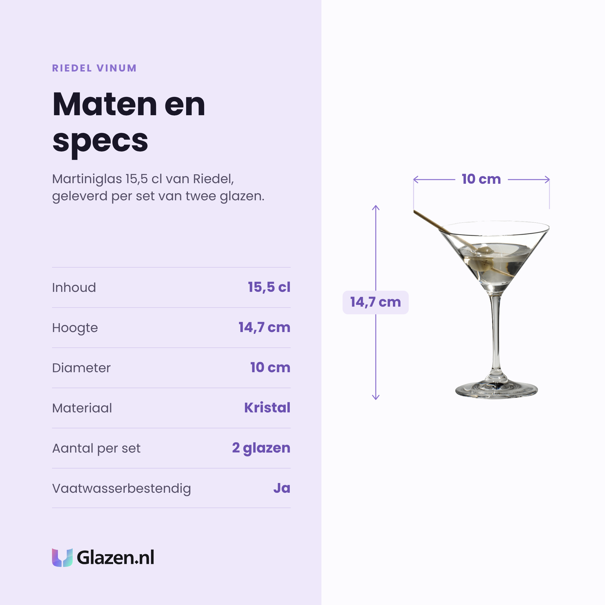 Riedel Vinum martiniglas 15,5 cl specificaties: inhoud 15,5 cl, hoogte 14,7 cm, diameter 10 cm, kristal, set van 2