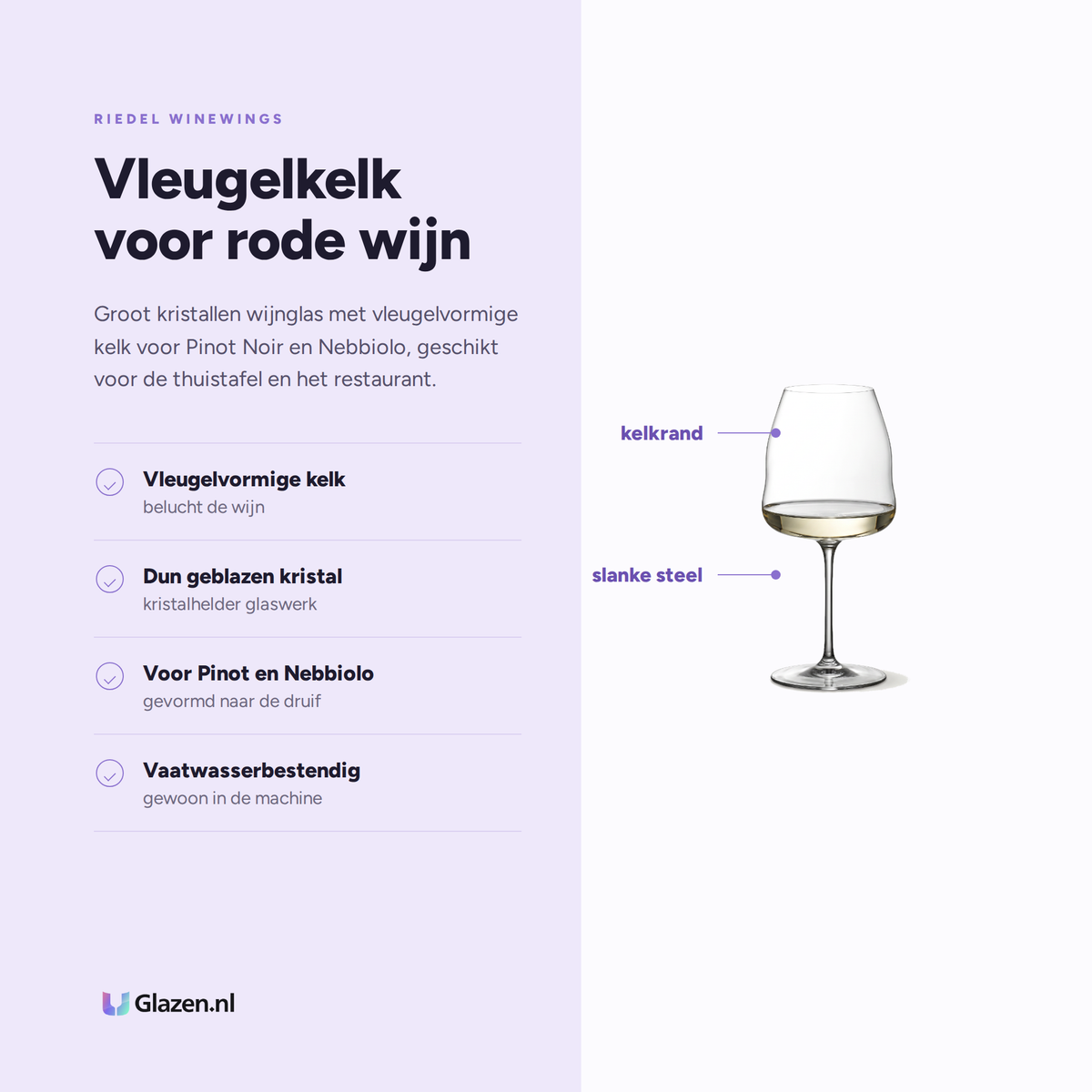 Riedel Winewings Wijnglas 95 Cl Pinot Noir / Nebbiolo eigenschappen: vleugelvormige kelk, dun geblazen kristal, voor pinot en nebbiolo, vaatwasserbestendig