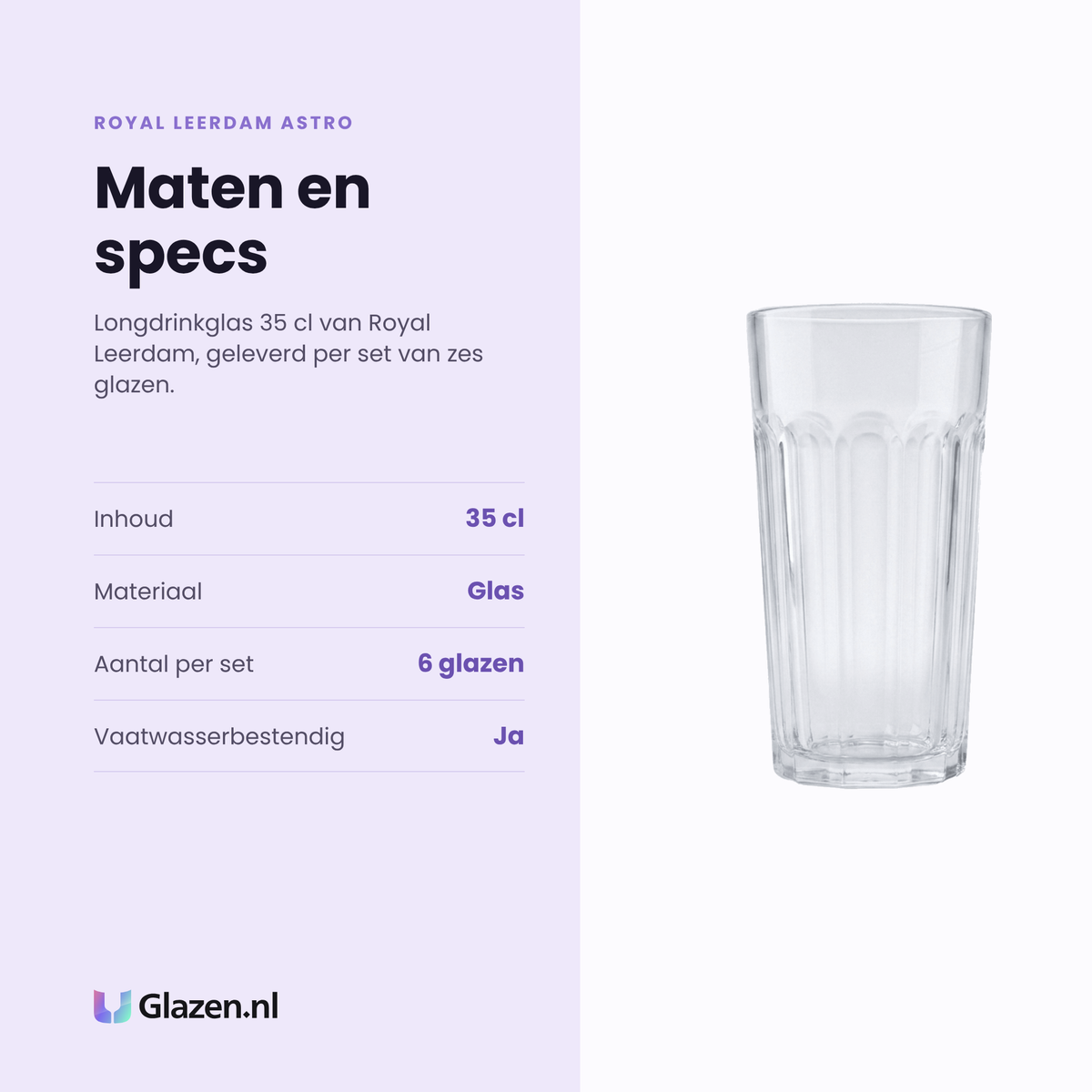 Royal Leerdam Astro longdrinkglas 35 cl specificaties: inhoud 35 cl, glas, set van 6