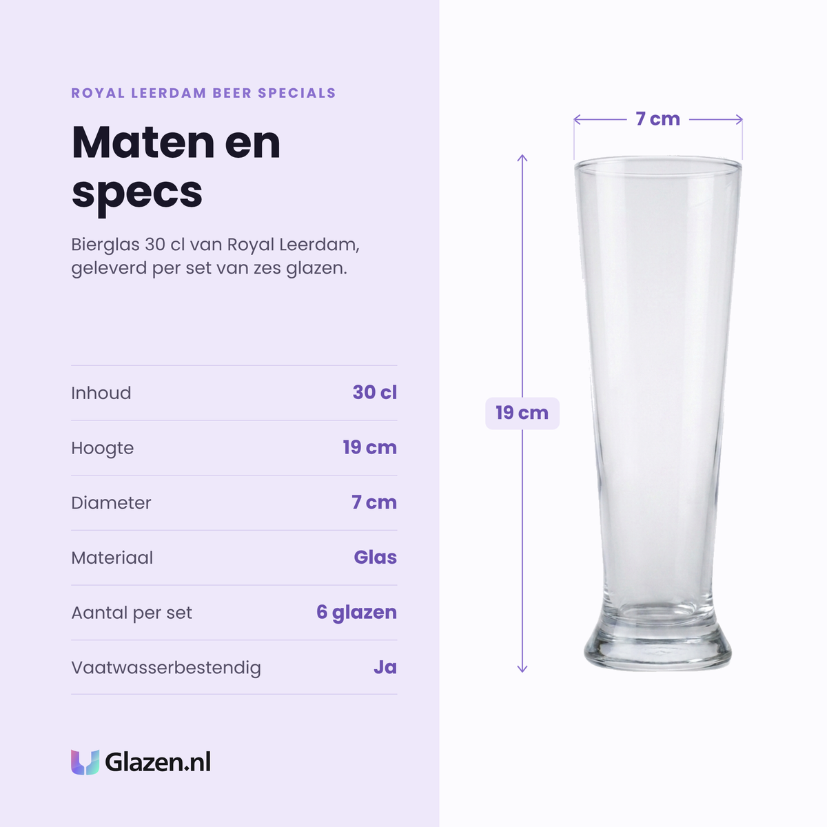 Royal Leerdam Beer Specials bierglas 30 cl specificaties: inhoud 30 cl, hoogte 19 cm, diameter 7 cm, glas, set van 6