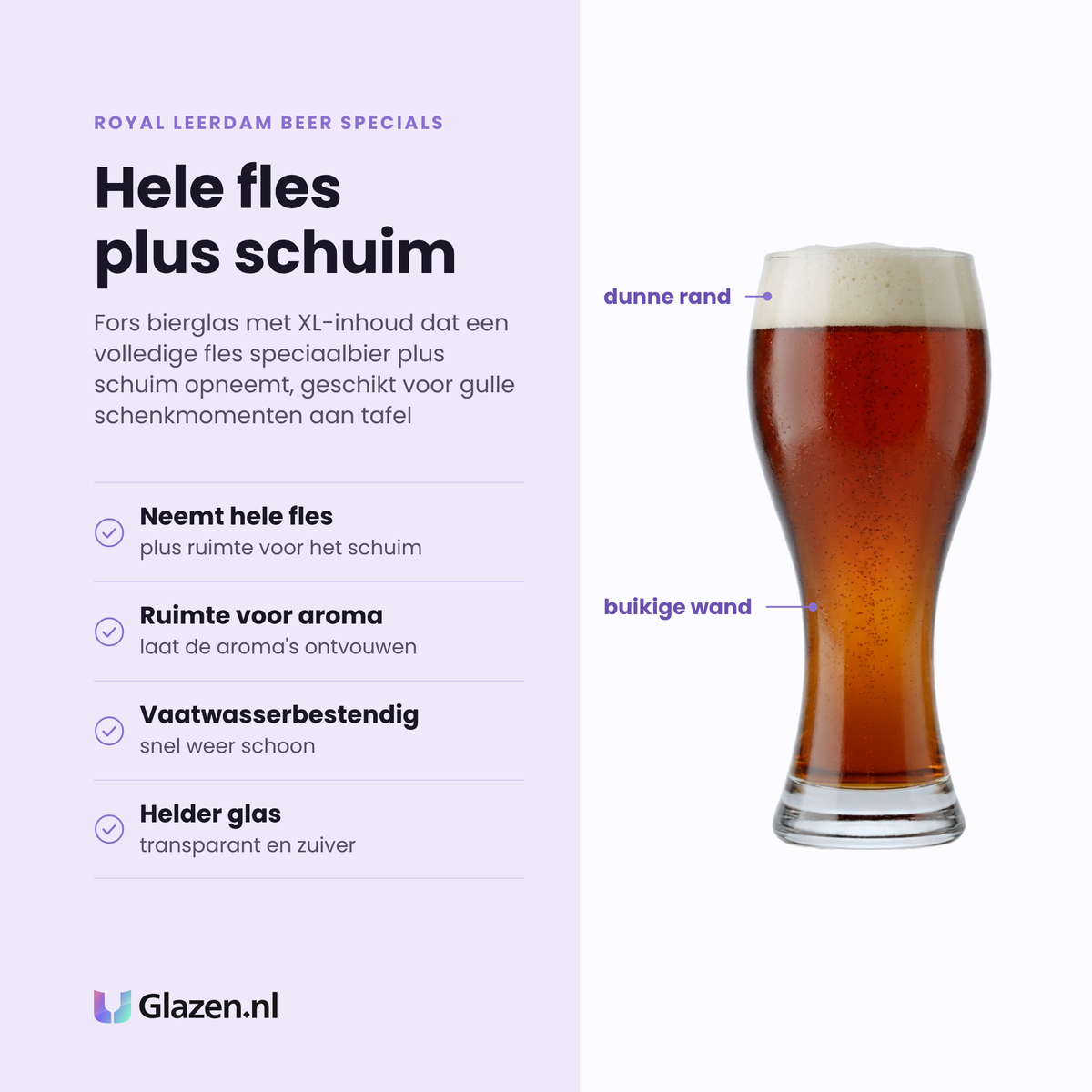 Royal Leerdam Beer Specials bierglas 68 cl eigenschappen: neemt hele fles plus schuim, ruimte voor aroma, vaatwasserbestendig, helder glas