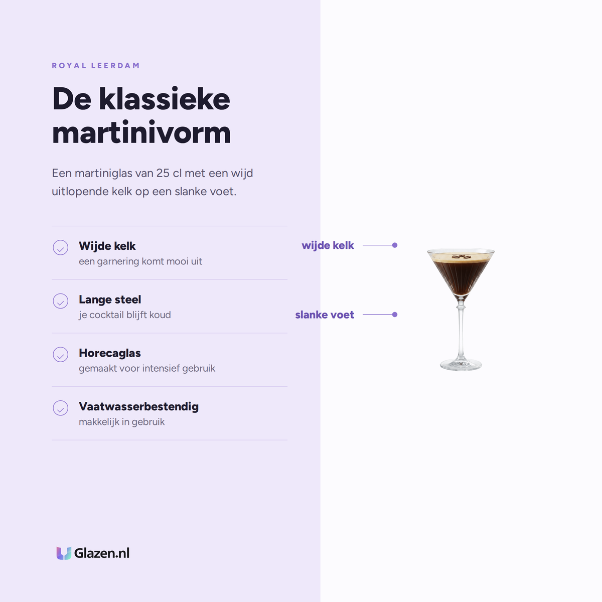 Eigenschappen van Royal Leerdam Bonheur Cocktails Martiniglas 25 Cl