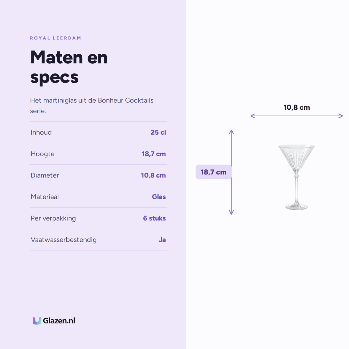 Maten en specs van Royal Leerdam Bonheur Cocktails Martiniglas 25 Cl