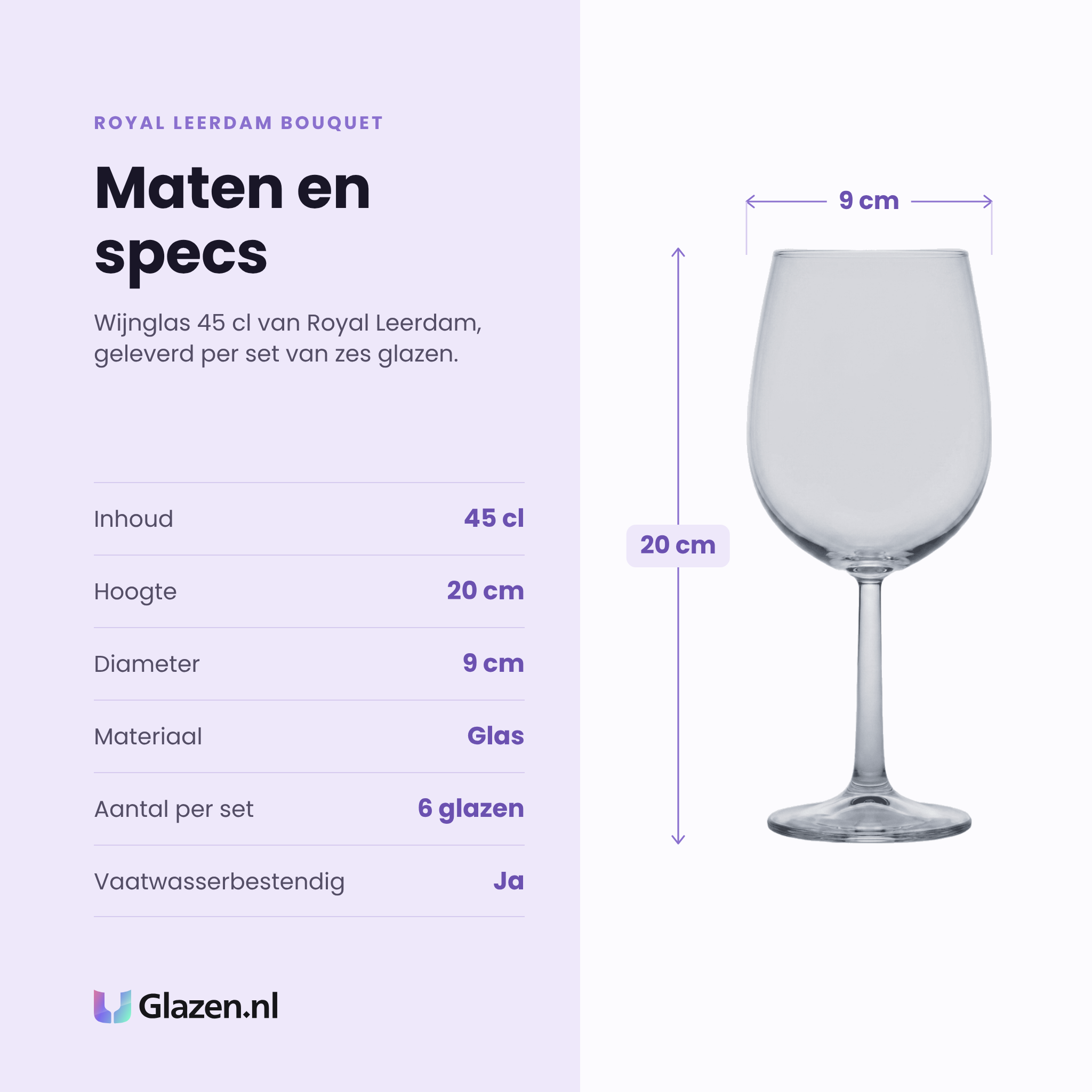 Royal Leerdam Bouquet wijnglas 45 cl specificaties: inhoud 45 cl, hoogte 20 cm, diameter 9 cm, glas, set van 6