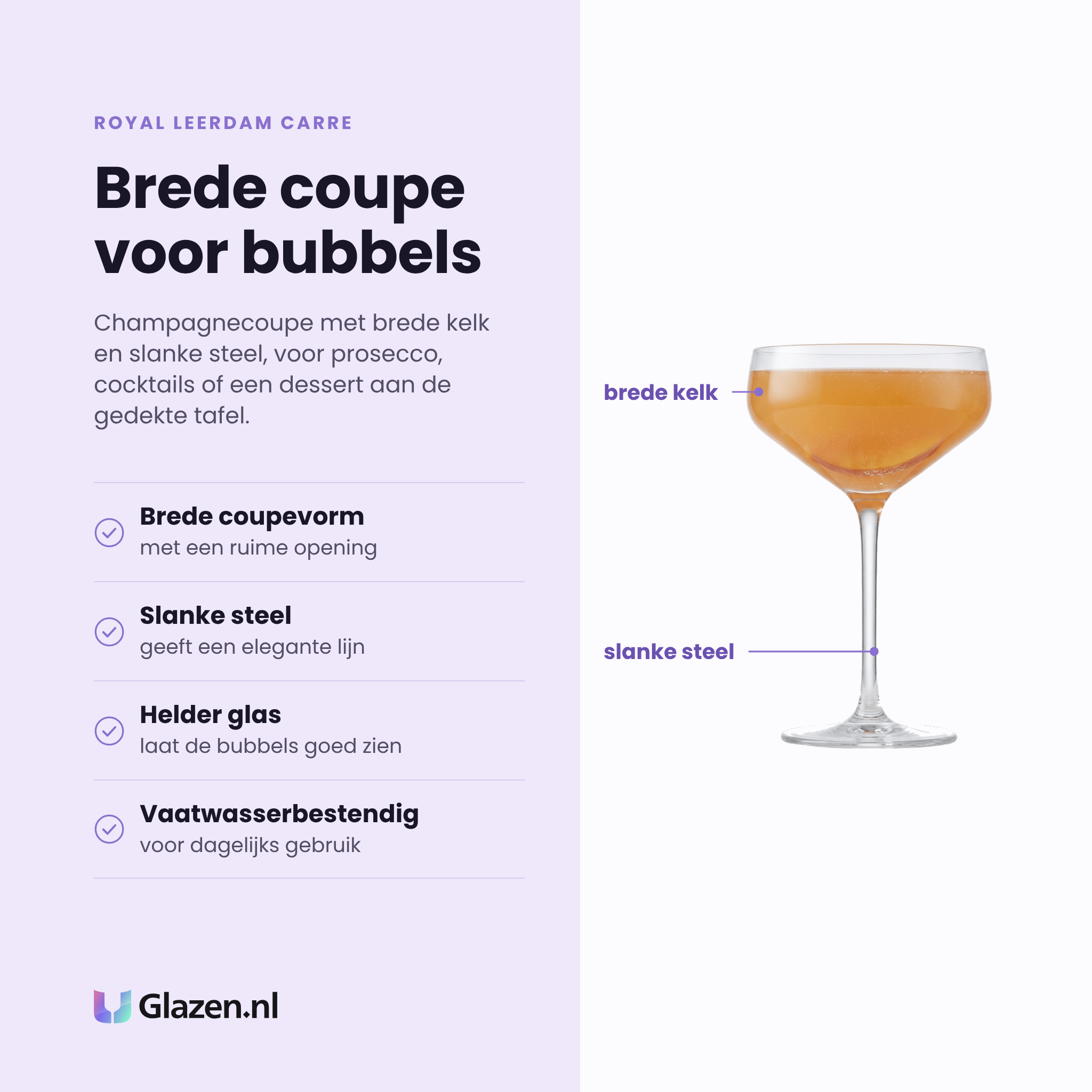 Royal Leerdam Carre champagnecoupe 30 cl eigenschappen: brede coupevorm, slanke steel, helder glas, vaatwasserbestendig
