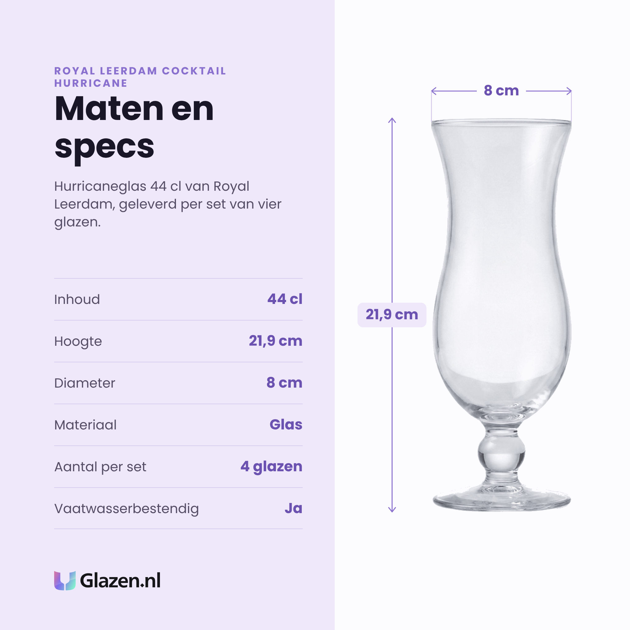 Royal Leerdam Cocktail Hurricane cocktailglas 44 cl specificaties: inhoud 44 cl, hoogte 21,9 cm, diameter 8 cm, glas, set van 4