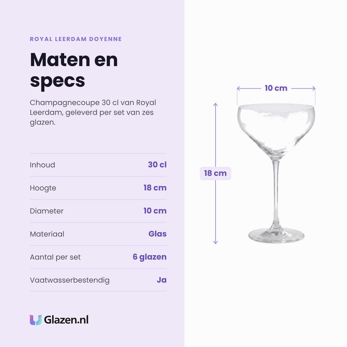 Royal Leerdam Doyenne champagnecoupe 30 cl specificaties: inhoud 30 cl, hoogte 18 cm, diameter 10 cm, glas, set van 6