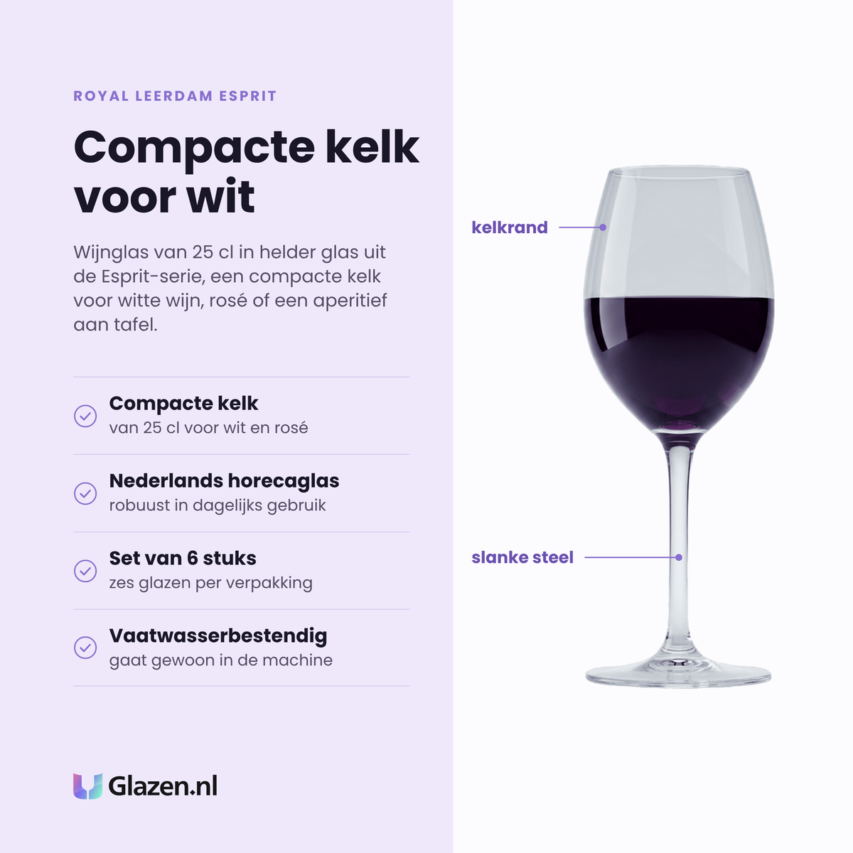 Royal Leerdam Esprit wijnglas 25 cl eigenschappen: compacte kelk voor wit en rosé, Nederlands horecaglas, set van 6 stuks, vaatwasserbestendig