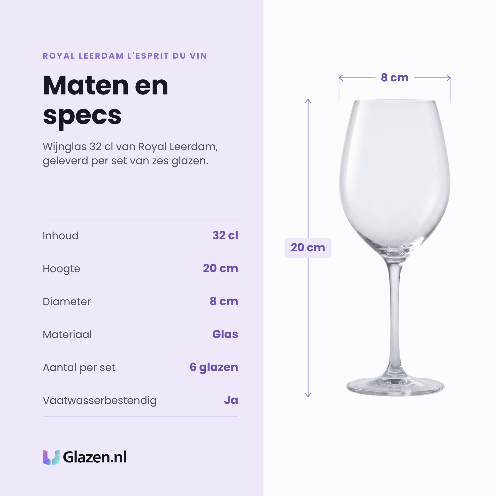 Royal Leerdam L'Esprit Du Vin wijnglas 32 cl specificaties: inhoud 32 cl, hoogte 20 cm, diameter 8 cm, glas, set van 6