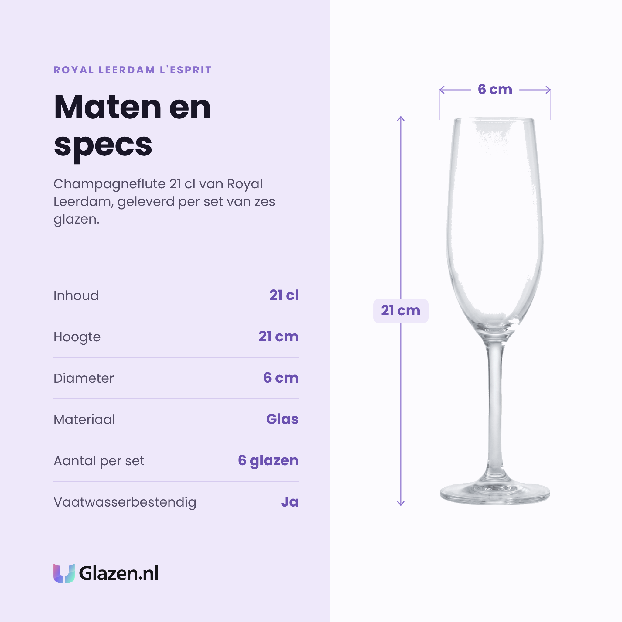 Royal Leerdam L'Esprit Du Vin champagneflute 21 cl specificaties: inhoud 21 cl, hoogte 21 cm, diameter 6 cm, glas, set van 6