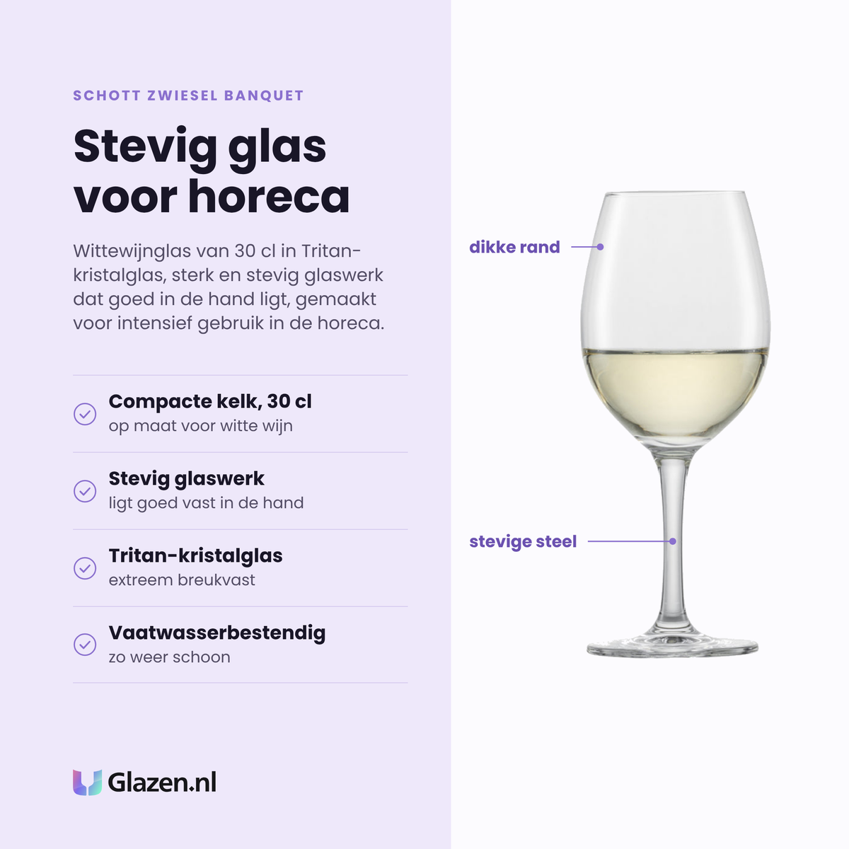 Schott Zwiesel Banquet witte wijnglas 30 cl eigenschappen: compacte kelk 30 cl, stevig glaswerk voor de horeca, tritan-kristalglas, vaatwasserbestendig