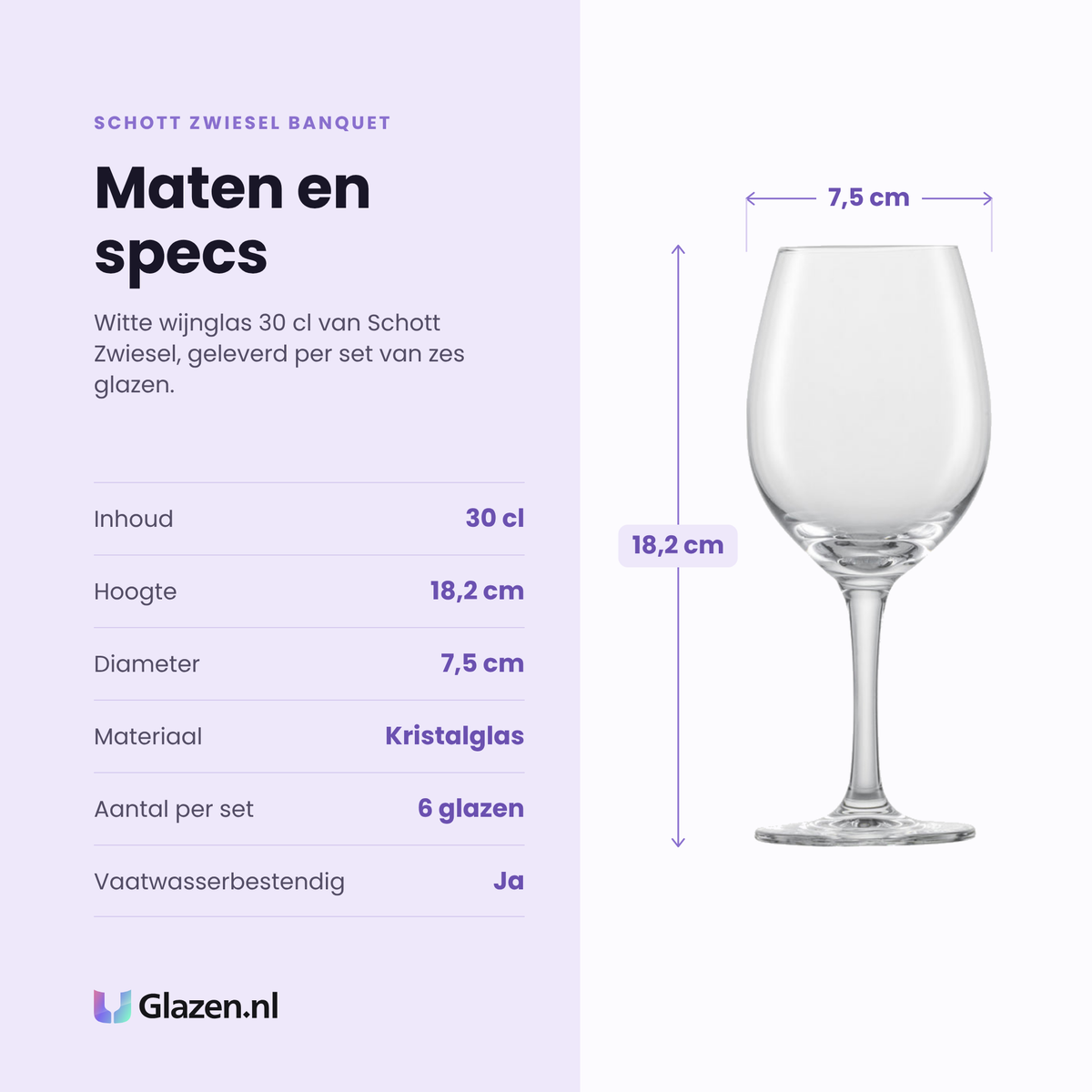 Schott Zwiesel Banquet witte wijnglas 30 cl specificaties: inhoud 30 cl, hoogte 18,2 cm, diameter 7,5 cm, kristalglas, set van 6