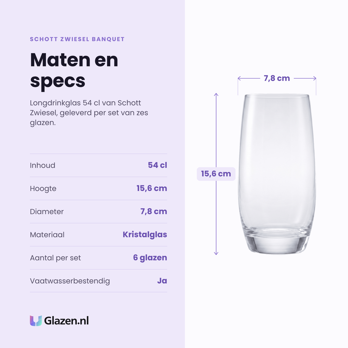 Schott Zwiesel Banquet longdrinkglas 54 cl specificaties: inhoud 54 cl, hoogte 15,6 cm, diameter 7,8 cm, kristalglas, set van 6