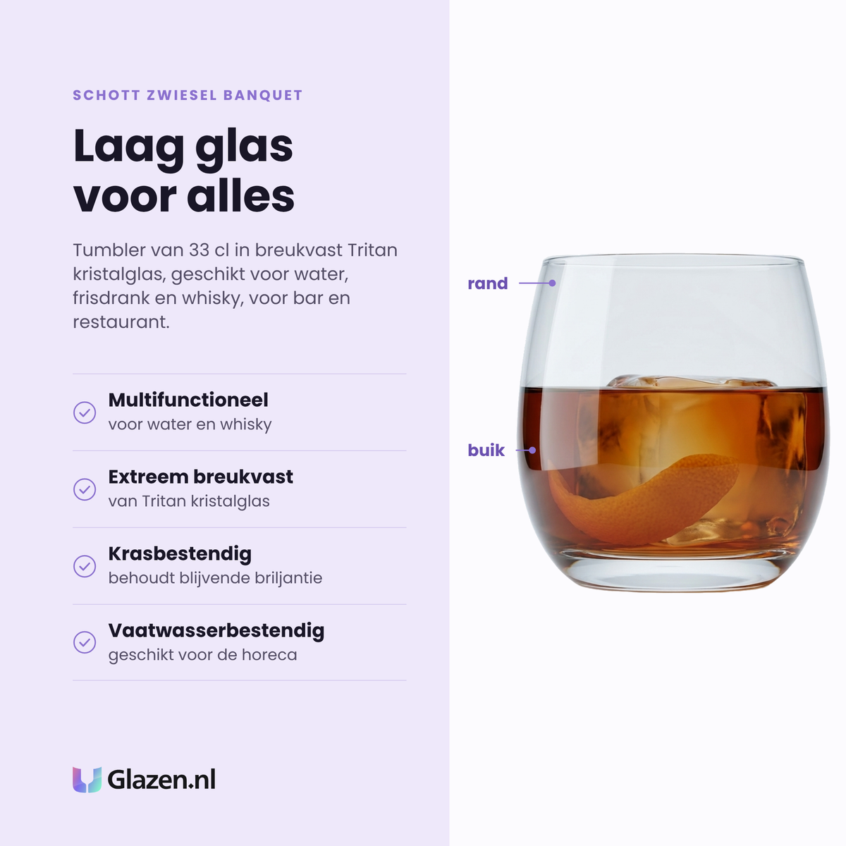 Schott Zwiesel Banquet tumbler 33 cl eigenschappen: multifunctioneel voor water en whisky, extreem breukvast, krasbestendig, vaatwasserbestendig