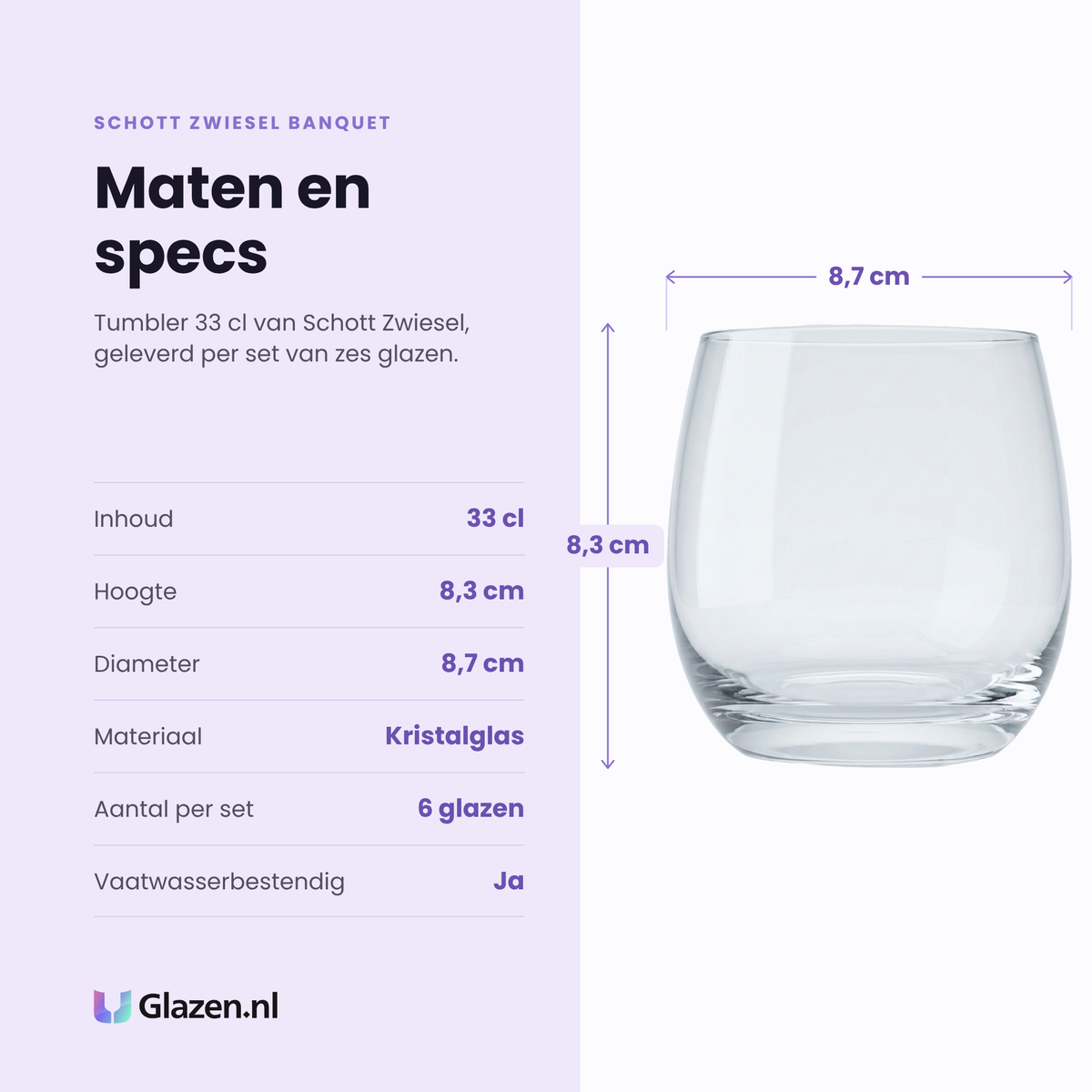 Schott Zwiesel Banquet tumbler 33 cl specificaties: inhoud 33 cl, hoogte 8,3 cm, diameter 8,7 cm, kristalglas, set van 6