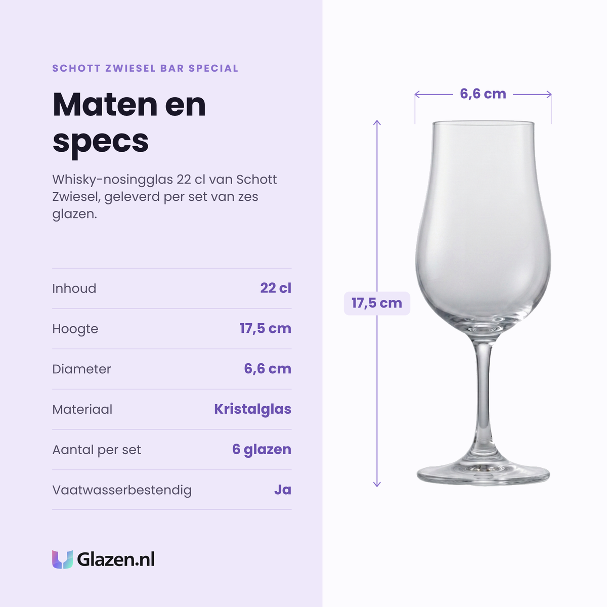 Schott Zwiesel Bar Special whisky nosingglas 22 cl specificaties: inhoud 22 cl, hoogte 17,5 cm, diameter 6,6 cm, kristalglas, set van 6