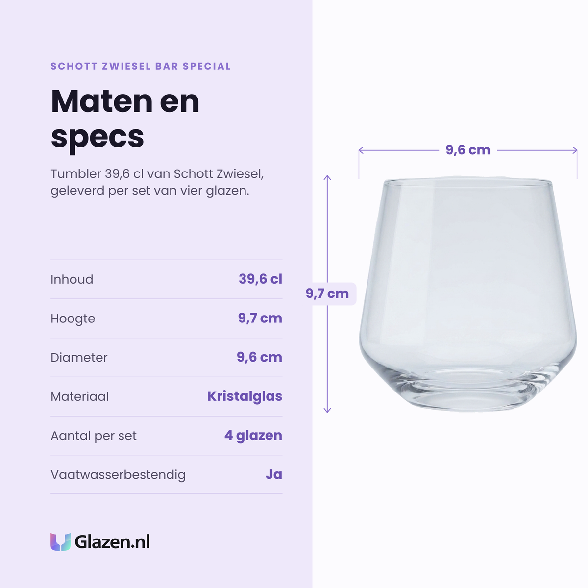 Schott Zwiesel Bar Special tumbler 39,6 cl specificaties: inhoud 39,6 cl, hoogte 9,7 cm, diameter 9,6 cm, kristalglas, set van 4