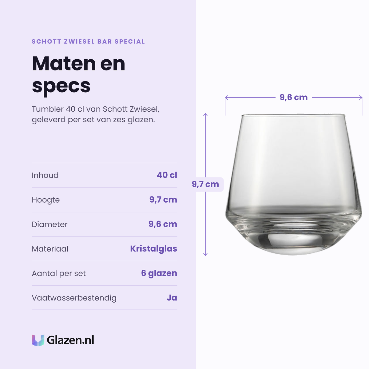 Schott Zwiesel Bar Special tumbler 40 cl specificaties: inhoud 40 cl, hoogte 9,7 cm, diameter 9,6 cm, kristalglas, set van 6
