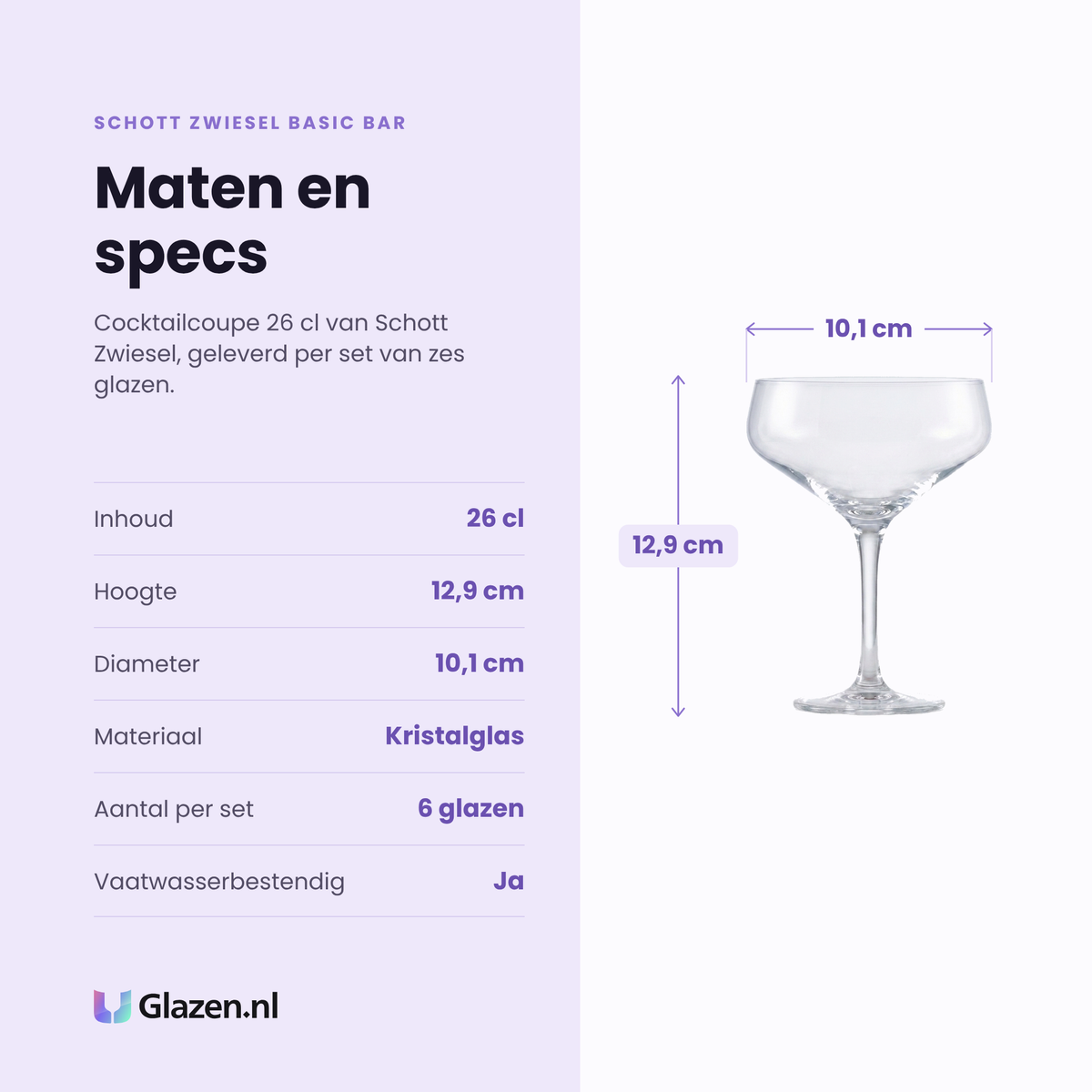 Schott Zwiesel Basic Bar Selection cocktailcoupe 26 cl specificaties: inhoud 26 cl, hoogte 12,9 cm, diameter 10,1 cm, kristalglas, set van 6