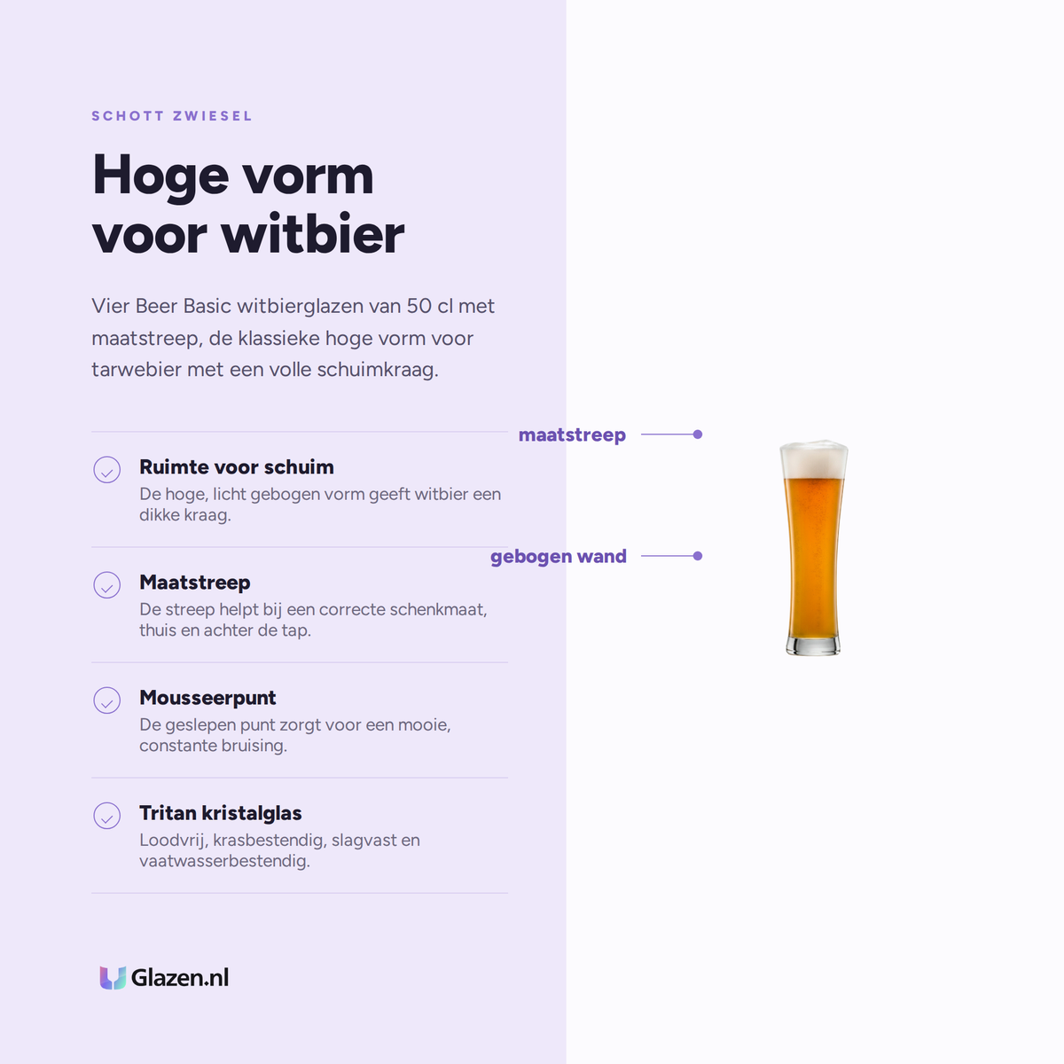 Eigenschappen van de Schott Zwiesel Beer Basic Witbierglas 50 Cl met Maatstreep - 4 Stuks