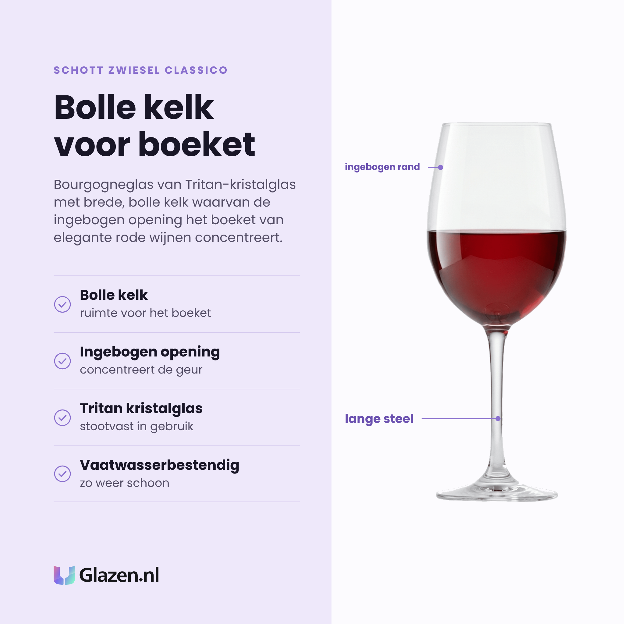 Schott Zwiesel Classico Ever wijnglas 64,5 cl eigenschappen: bolle kelk voor het boeket, ingebogen opening concentreert de geur, tritan kristalglas, vaatwasserbestendig