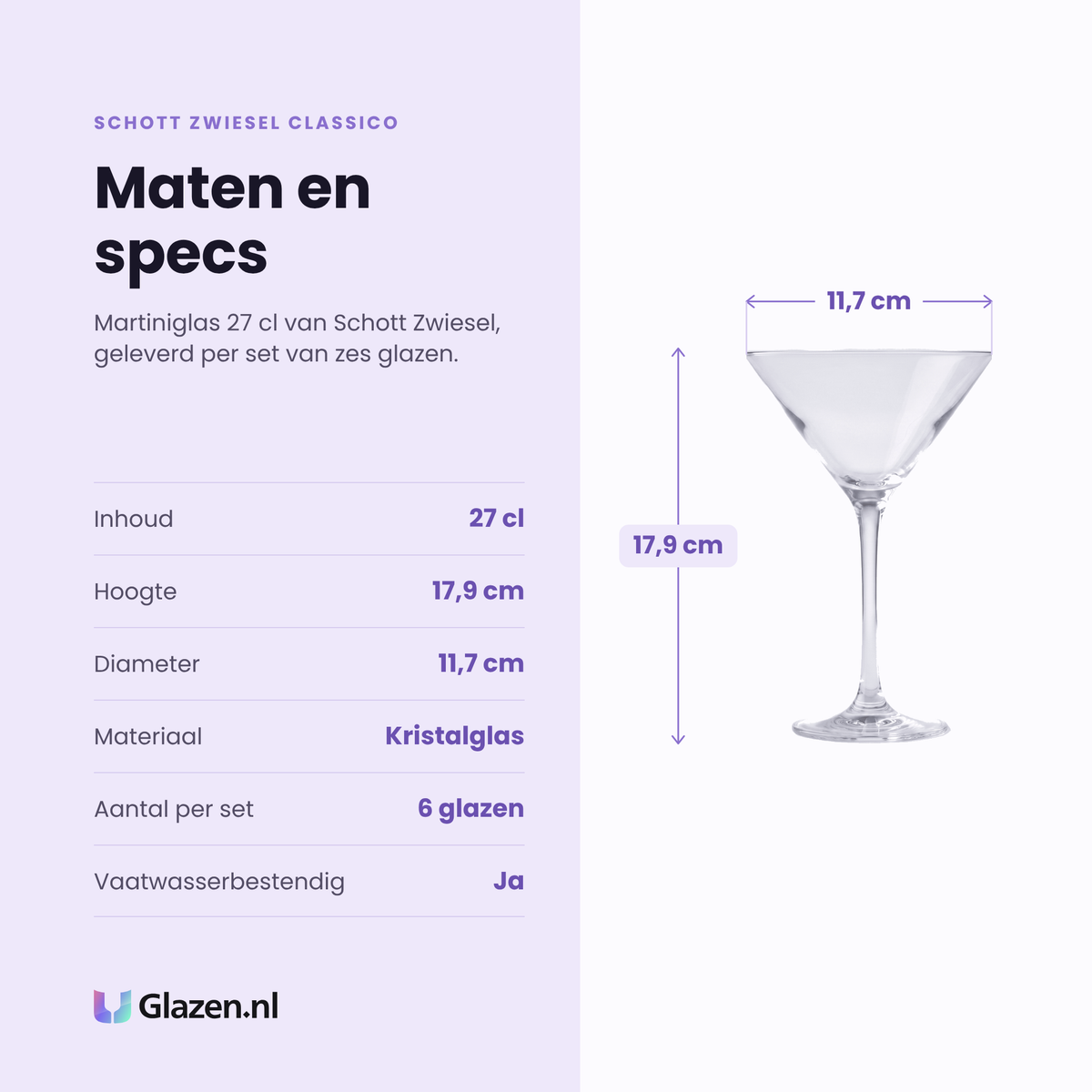 Schott Zwiesel Classico martiniglas 27 cl specificaties: inhoud 27 cl, hoogte 17,9 cm, diameter 11,7 cm, kristalglas, set van 6