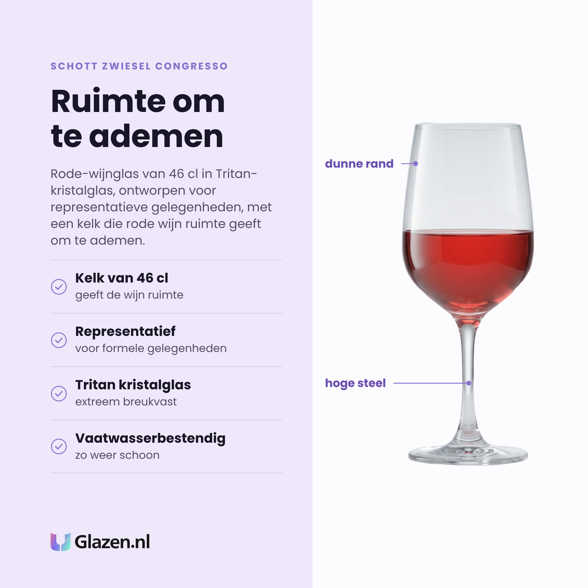 Schott Zwiesel Congresso rode wijnglas 46 cl eigenschappen: kelk van 46 cl, representatief glas, Tritan kristalglas, vaatwasserbestendig