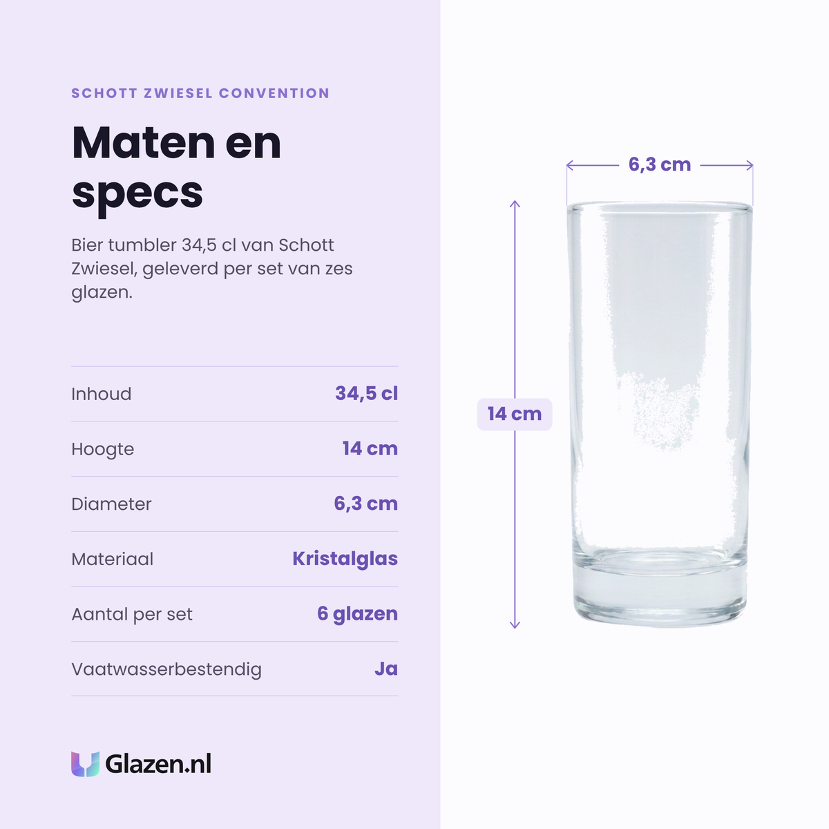 Schott Zwiesel Convention bier tumbler 34,5 cl specificaties: inhoud 34,5 cl, hoogte 14 cm, diameter 6,3 cm, kristalglas, set van 6