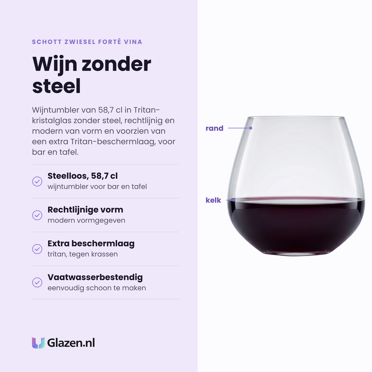 Schott Zwiesel Forté Vina wijntumbler 58,7 cl eigenschappen: steelloze wijntumbler 58,7 cl, rechtlijnige moderne vorm, extra tritan beschermlaag tegen krassen, vaatwasserbestendig