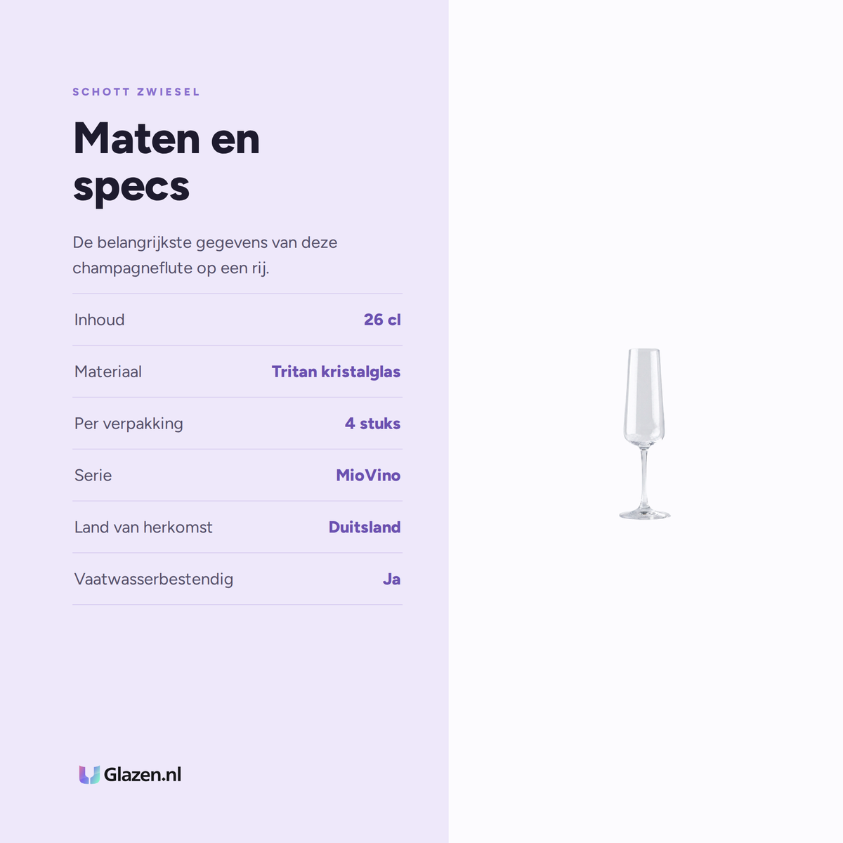 Maten en specificaties van Schott Zwiesel MioVino Champagneglas 26 Cl met Mousseerpunt - 4 Stuks
