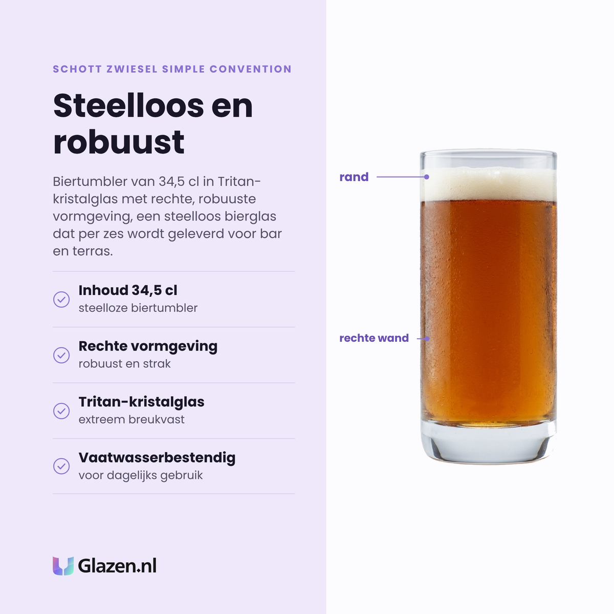 Schott Zwiesel Simple Convention bier tumbler 34,5 cl eigenschappen: steelloos, rechte vormgeving, tritan-kristalglas, vaatwasserbestendig