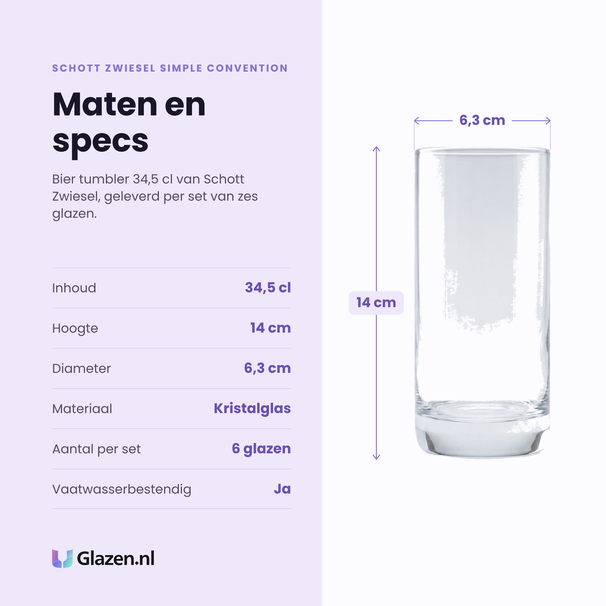 Schott Zwiesel Simple Convention bier tumbler 34,5 cl specificaties: inhoud 34,5 cl, hoogte 14 cm, diameter 6,3 cm, kristalglas, set van 6