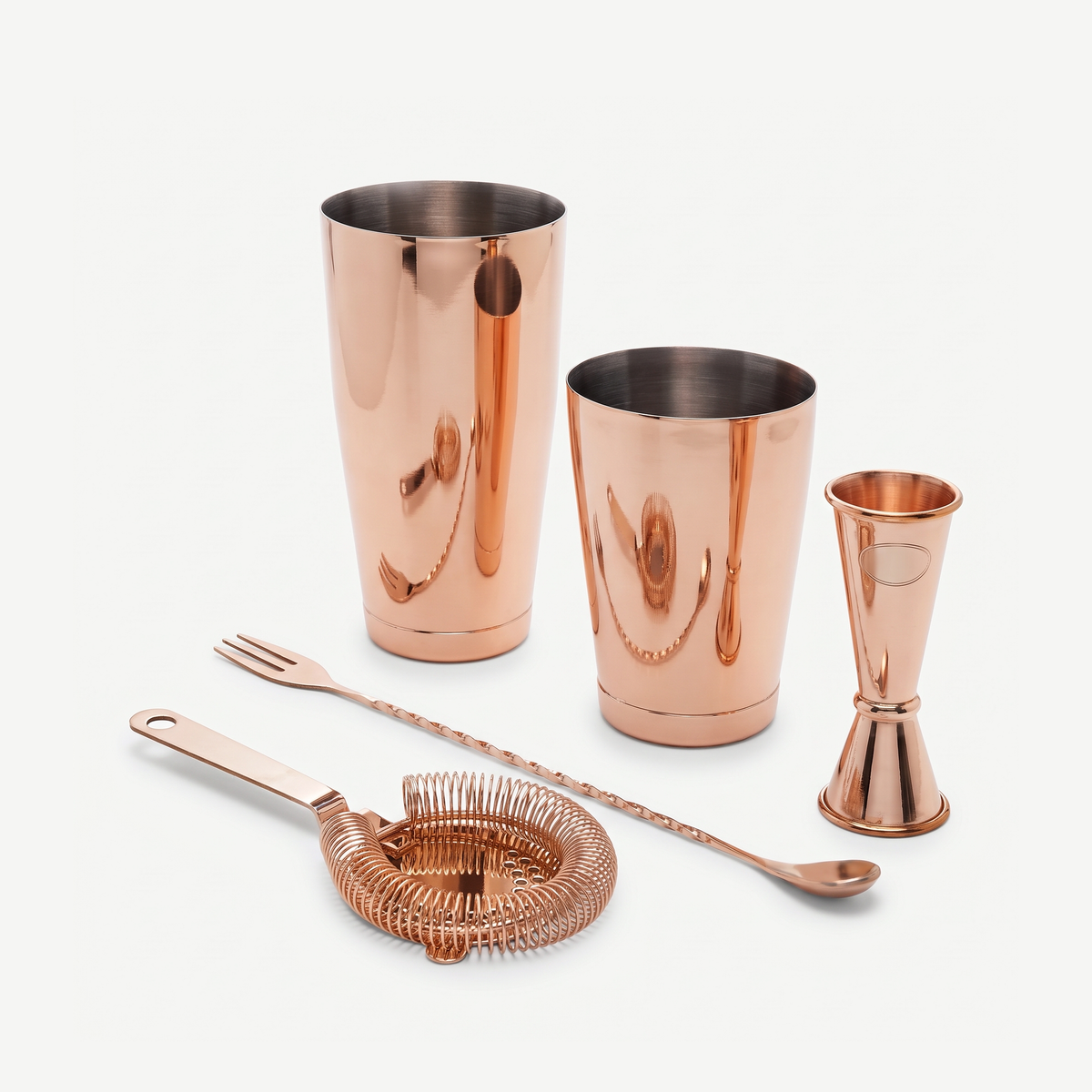 Speakeasy cocktail set koper met Boston shaker, hawthorn strainer, barlepel en jigger