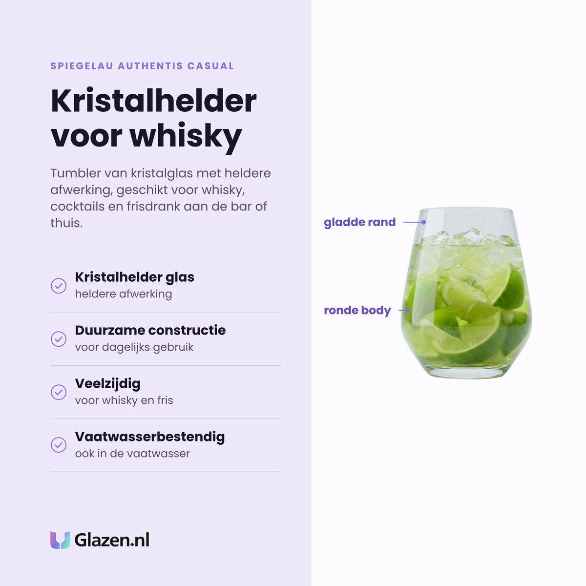 Spiegelau Authentis Casual tumbler 42 cl eigenschappen: kristalhelder glas, duurzame constructie, veelzijdig voor whisky en fris, vaatwasserbestendig