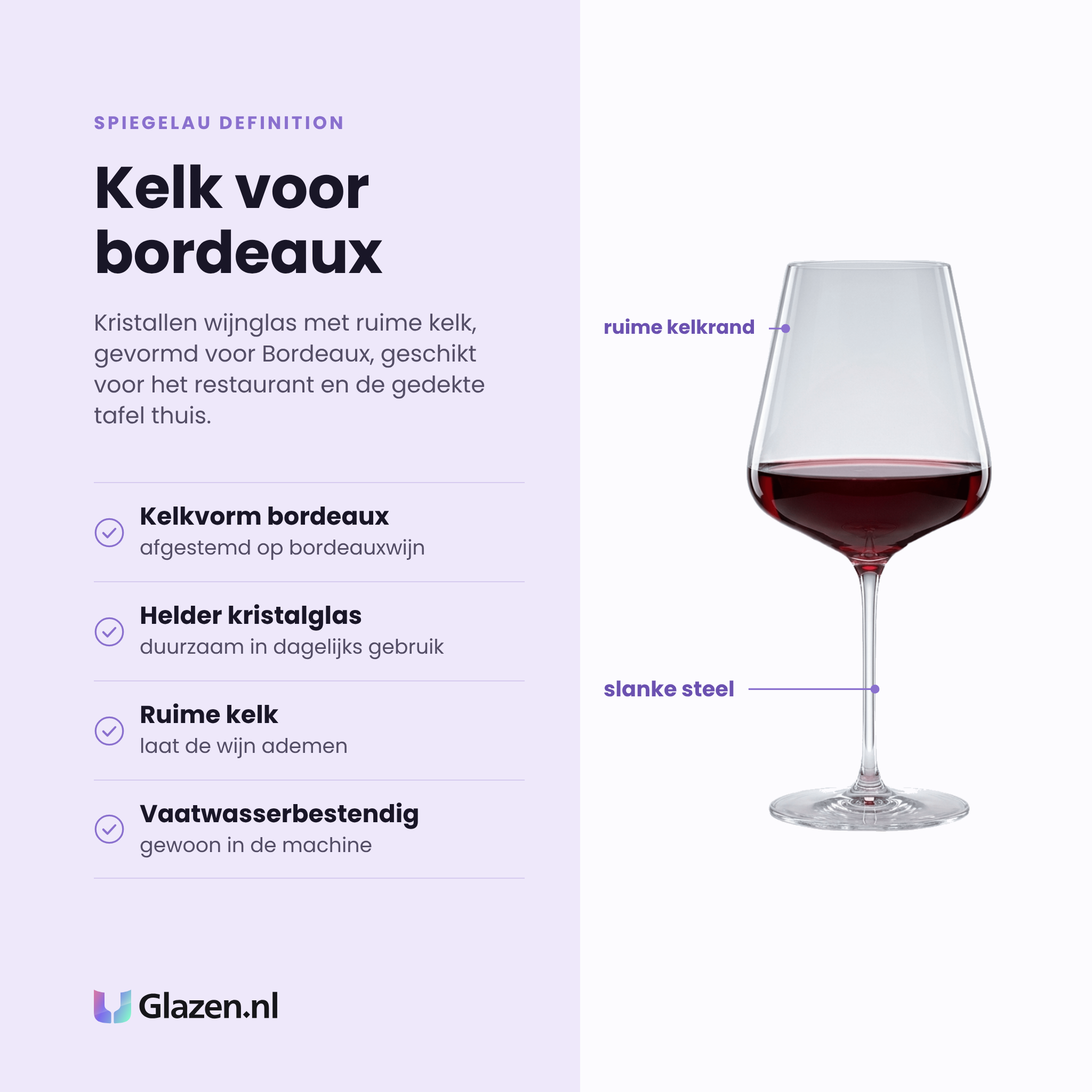 Spiegelau Definition bordeauxglas 75 cl eigenschappen: kelkvorm voor bordeaux, helder kristalglas, ruime kelk laat de wijn ademen, vaatwasserbestendig