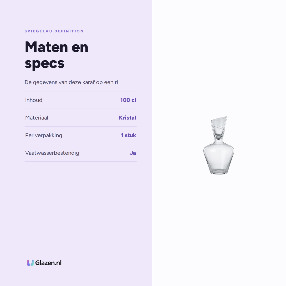 Spiegelau Definition Karaf 100 Cl specificaties: inhoud 100 cl, materiaal Kristal, per verpakking 1 stuk, vaatwasserbestendig Ja