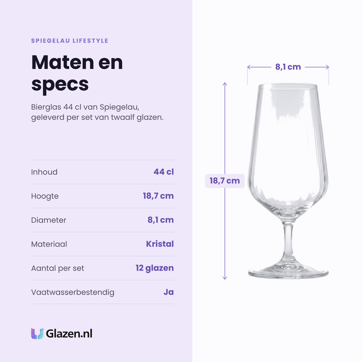Spiegelau Lifestyle bierglas 44 cl specificaties: inhoud 44 cl, hoogte 18,7 cm, diameter 8,1 cm, kristal, set van 12