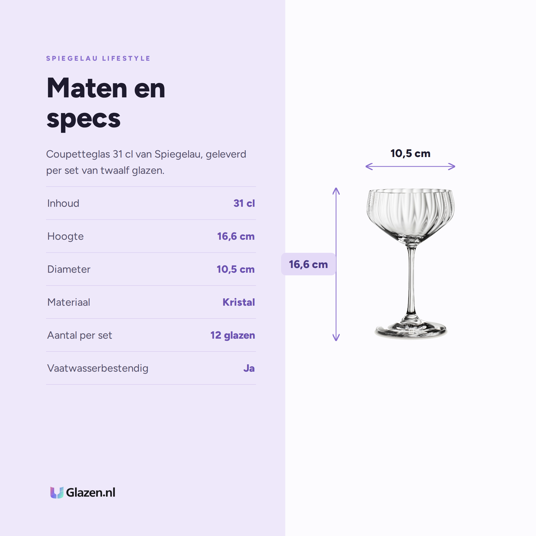 Spiegelau Lifestyle Cocktailglas 31 Cl Coupette specificaties: inhoud 31 cl, hoogte 16,6 cm, diameter 10,5 cm, materiaal Kristal, aantal per set 12 glazen, vaatwasserbestendig Ja