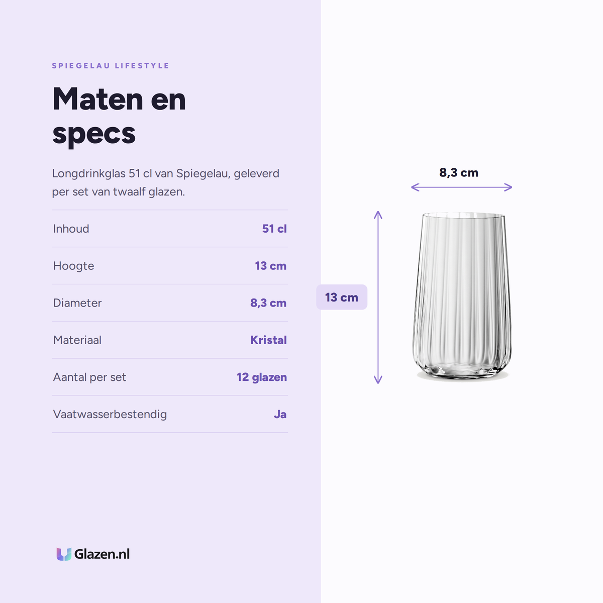 Spiegelau Lifestyle Longdrinkglas 51 Cl specificaties: inhoud 51 cl, hoogte 13 cm, diameter 8,3 cm, materiaal Kristal, aantal per set 12 glazen, vaatwasserbestendig Ja