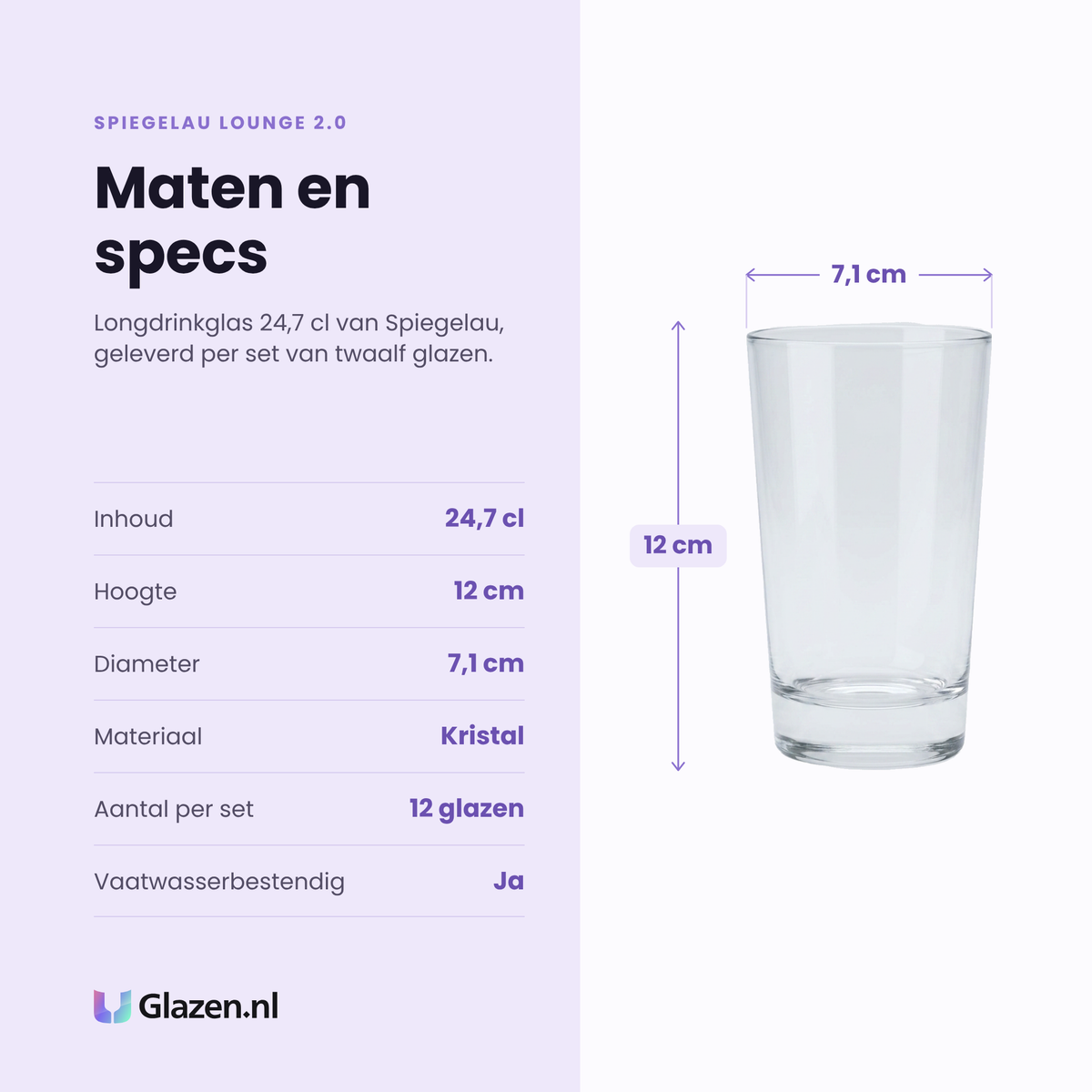 Spiegelau Lounge 2.0 longdrinkglas 24,7 cl specificaties: inhoud 24,7 cl, hoogte 12 cm, diameter 7,1 cm, kristal, set van 12