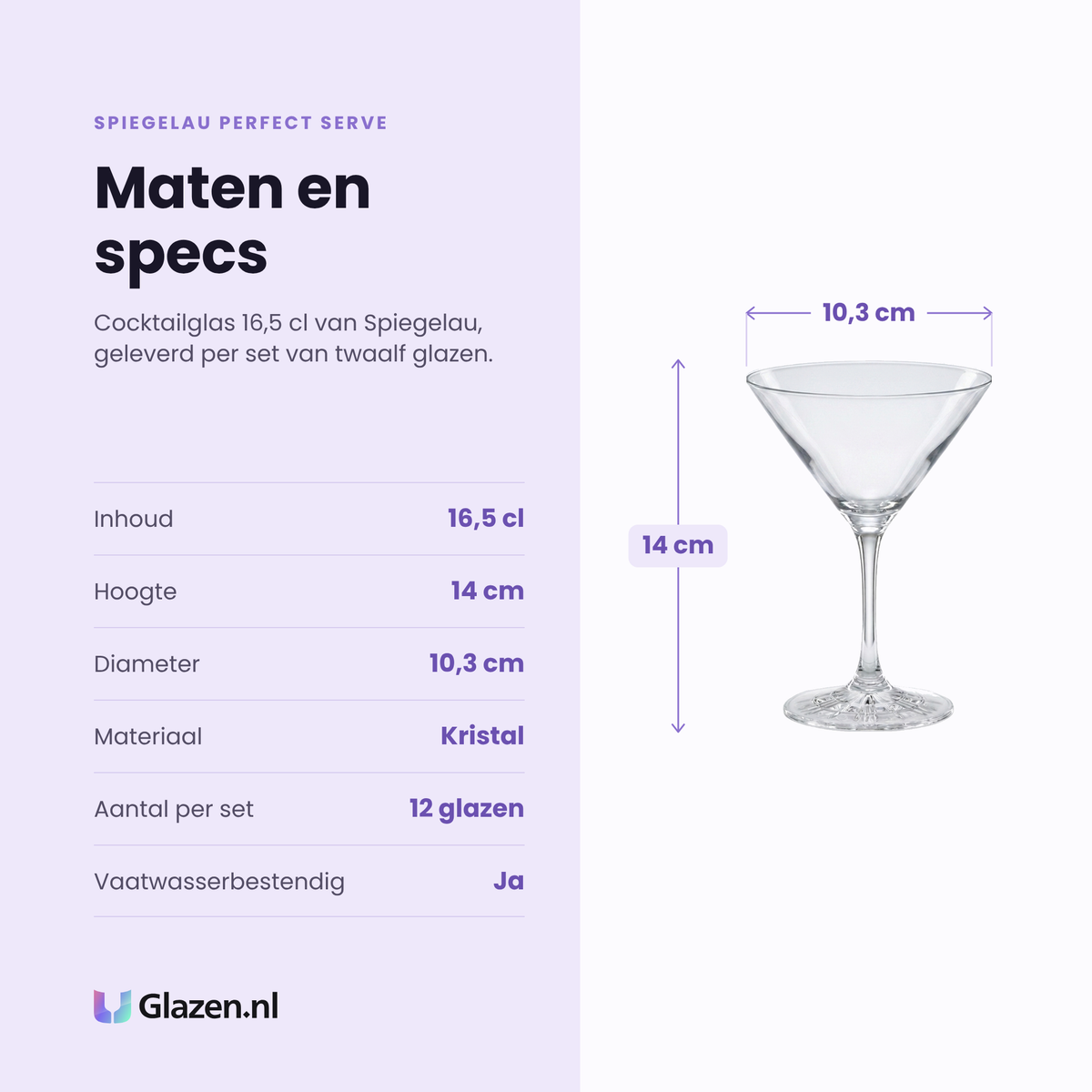 Spiegelau Perfect Serve cocktailglas 16,5 cl specificaties: inhoud 16,5 cl, hoogte 14 cm, diameter 10,3 cm, kristal, set van 12