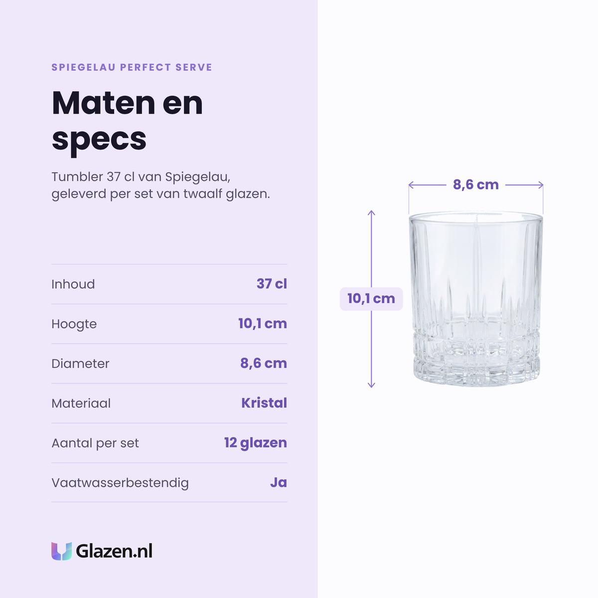Spiegelau Perfect Serve tumbler 37 cl specificaties: inhoud 37 cl, hoogte 10,1 cm, diameter 8,6 cm, kristal, set van 12