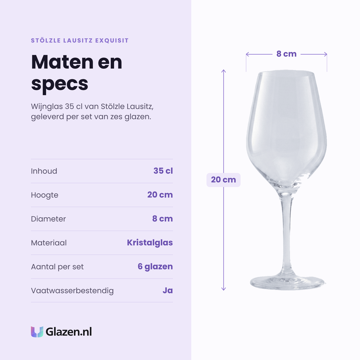 Stölzle Lausitz Exquisit wijnglas 35 cl specificaties: inhoud 35 cl, hoogte 20 cm, diameter 8 cm, kristalglas, set van 6