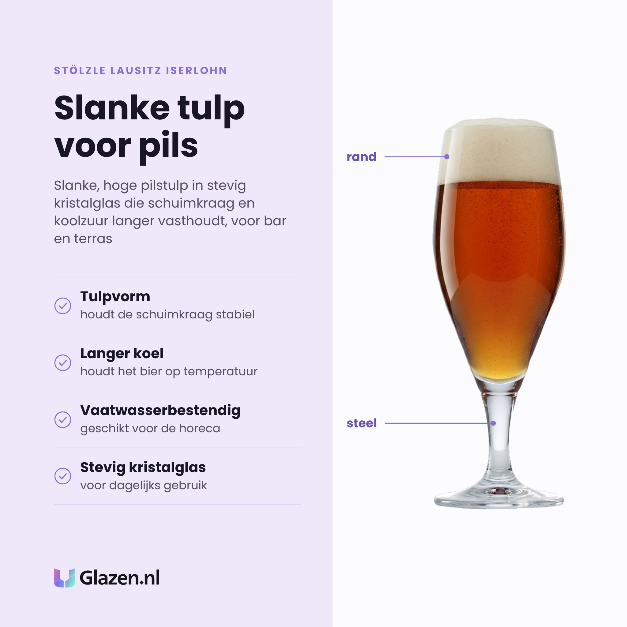 Stölzle Lausitz Iserlohn bierglas 40 cl eigenschappen: tulpvorm houdt de schuimkraag stabiel, langer koel, vaatwasserbestendig, stevig kristalglas
