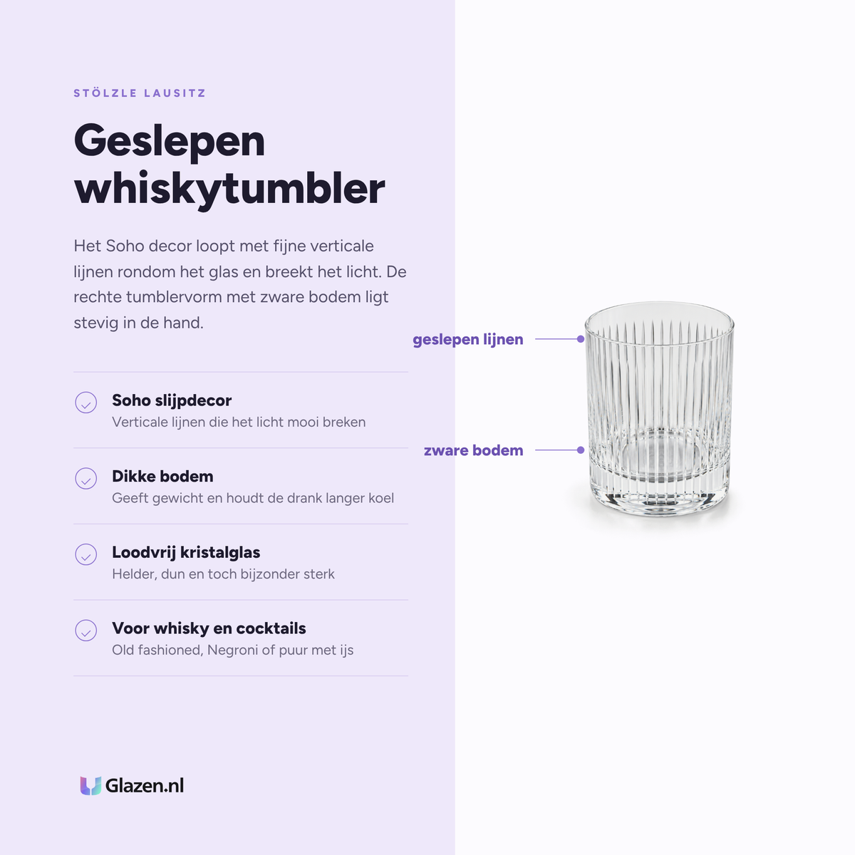 Infographic met de eigenschappen van Stölzle Lausitz New York Bar Soho Whiskyglas 32 cl