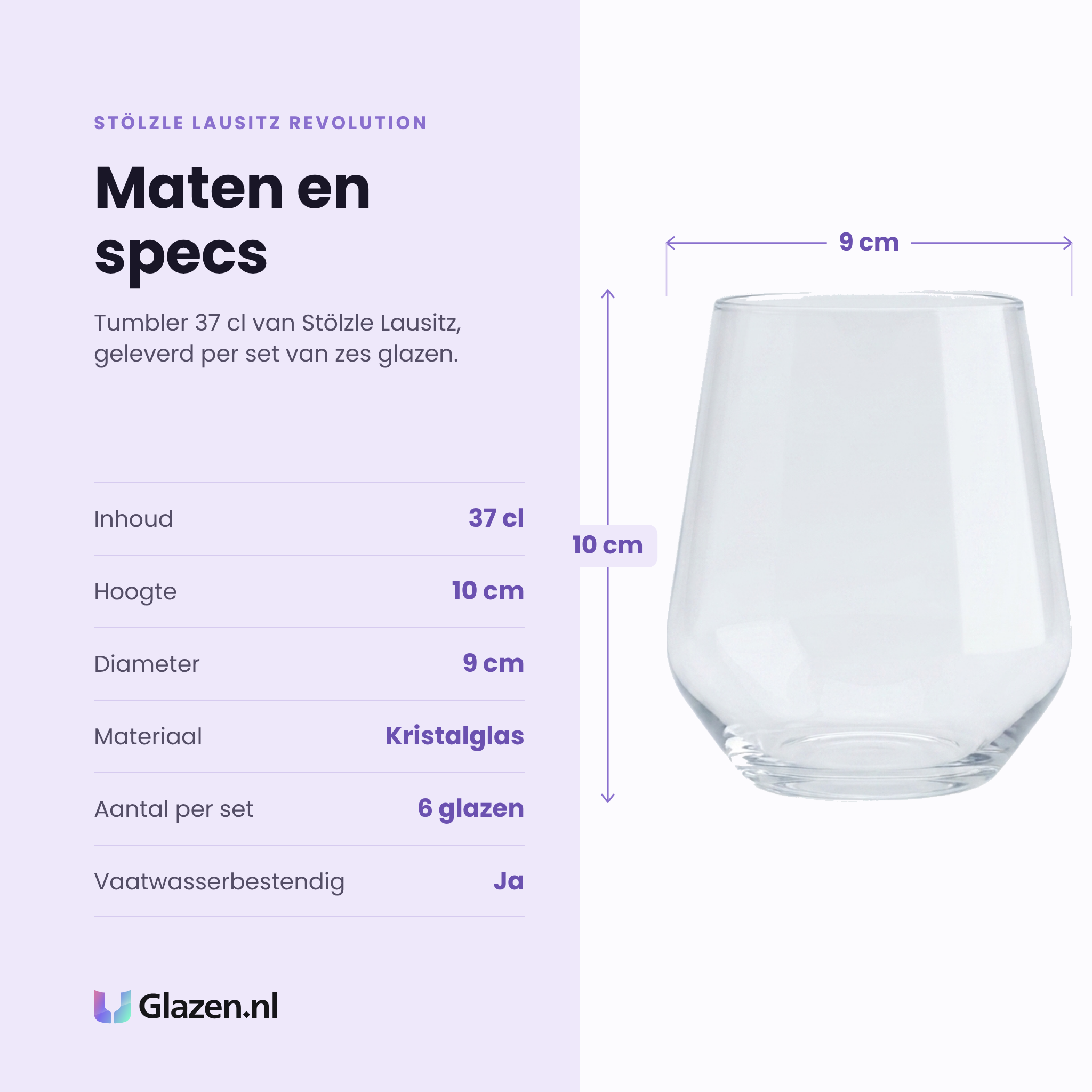 Stölzle Lausitz Revolution tumbler 37 cl specificaties: inhoud 37 cl, hoogte 10 cm, diameter 9 cm, kristalglas, set van 6