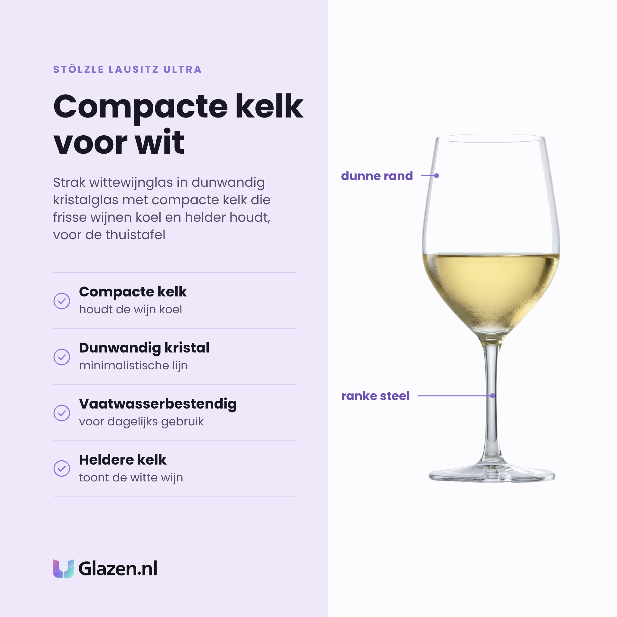 Stölzle Lausitz Ultra wijnglas 37,5 cl eigenschappen: compacte kelk houdt de wijn koel, dunwandig kristalglas, vaatwasserbestendig, heldere kelk