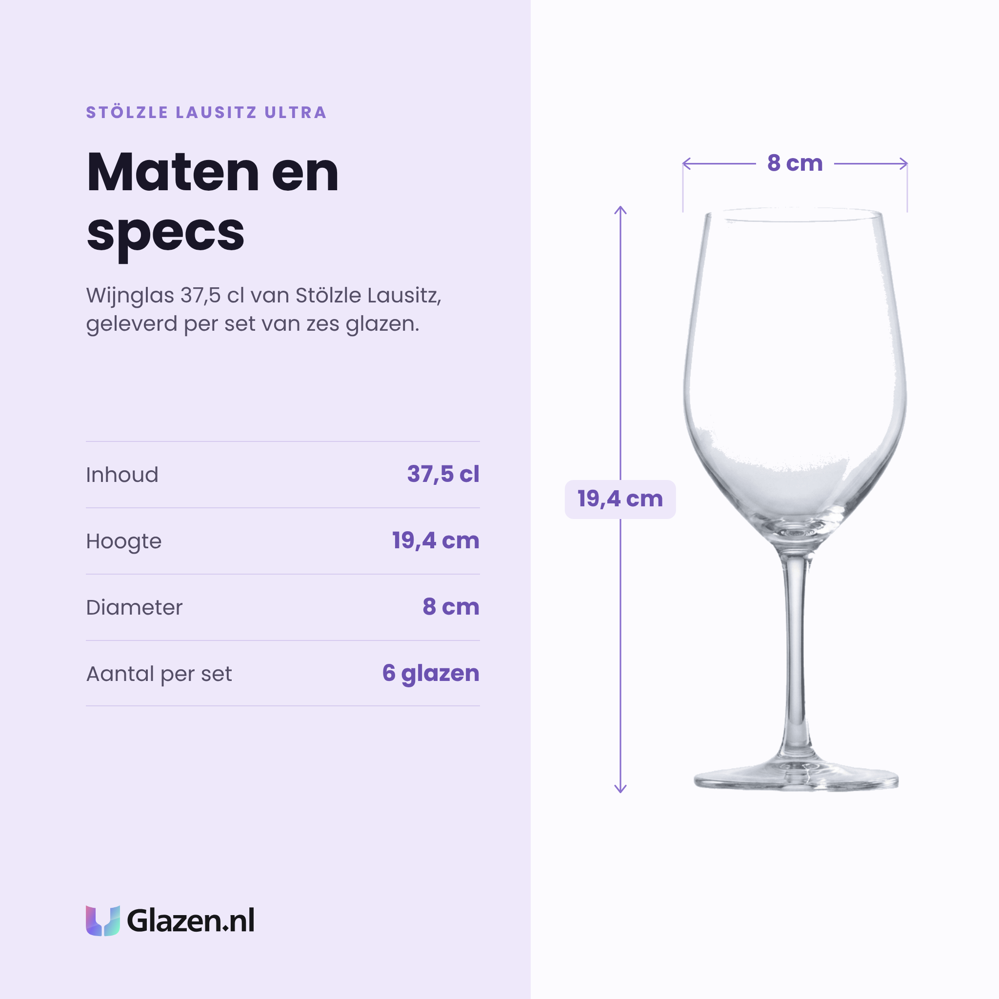 Stölzle Lausitz Ultra wijnglas 37,5 cl specificaties: inhoud 37,5 cl, hoogte 19,4 cm, diameter 8 cm, set van 6