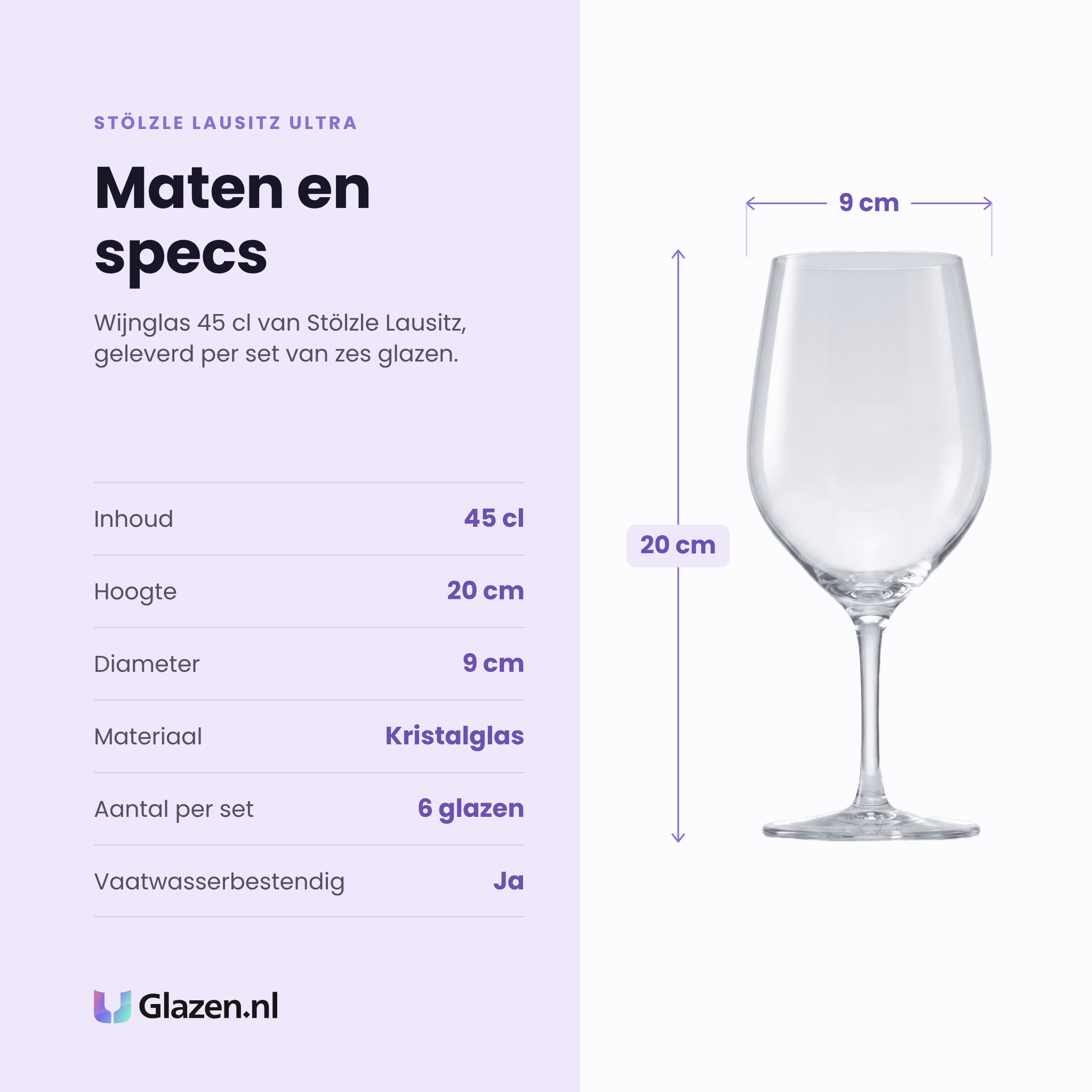Stölzle Lausitz Ultra wijnglas 45 cl specificaties: inhoud 45 cl, hoogte 20 cm, diameter 9 cm, kristalglas, set van 6