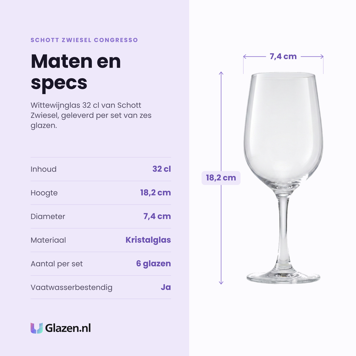 Schott Zwiesel Congresso witte wijnglas 32 cl specificaties: inhoud 32 cl, hoogte 18,2 cm, diameter 7,4 cm, kristalglas, set van 6